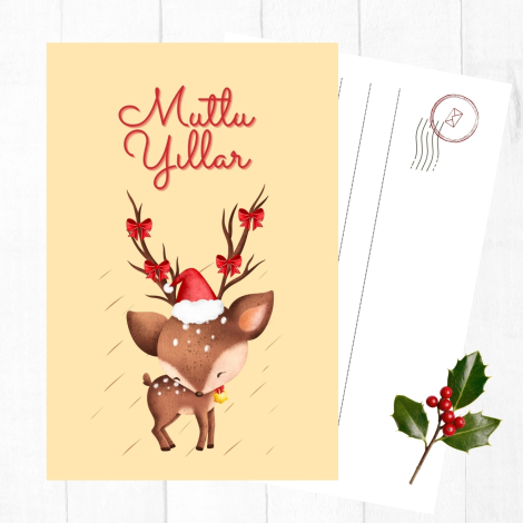 6lı Yılbaşı kartpostal seti, kırmızı şapkalı geyik - Bimotif