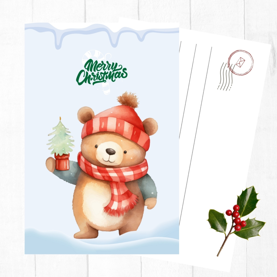 6lı Yılbaşı kartpostal seti, sevimli ayıcık - 1