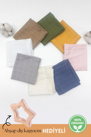 8li organik müslin düz renkli bebek salya mendili, 25x25 cm ( Ahşap Diş Kaşıyıcısı HEDİYELİ) - Bimotif