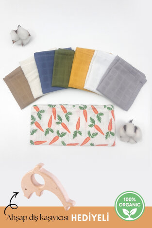 8li organik müslin erkek bebek salya mendili, 25x25 cm ( Ahşap Diş Kaşıyıcısı HEDİYELİ) - Bimotif