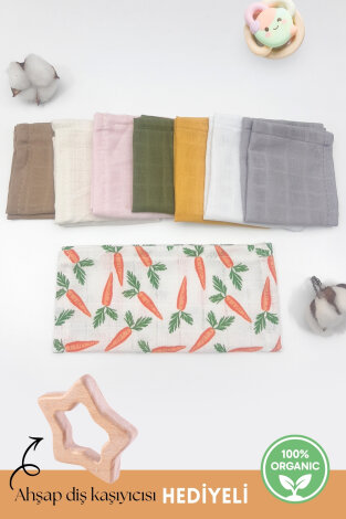 8li organik müslin kız bebek salya mendili, 25x25 cm ( Ahşap Diş Kaşıyıcısı HEDİYELİ) - Bimotif
