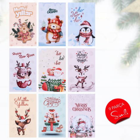 9lu Simli Yılbaşı Kartpostal Seti (Yeni Yıl Figürleri) - Bimotif