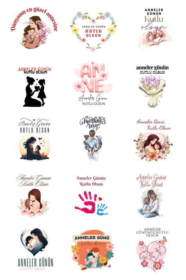 Anneler Günü sticker seti, 4x4 cm, 150 adet (10 Sayfa) - 1