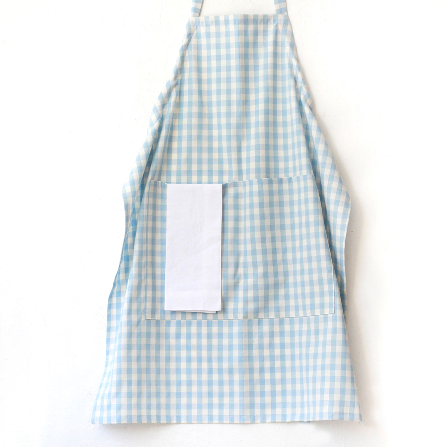 Bağcıklı, açık mavi beyaz kareli dokuma kumaş mutfak önlüğü / 90x70 cm - 3