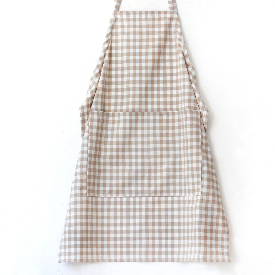Bağcıklı, bej beyaz kareli dokuma kumaş mutfak önlüğü / 90x70 cm - 1