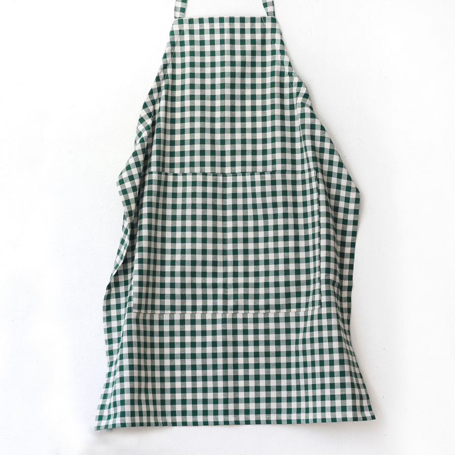 Bağcıklı, koyu yeşil beyaz kareli dokuma kumaş mutfak önlüğü / 90x70 cm - 1