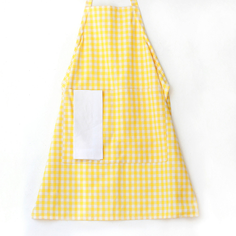 Bağcıklı, sarı beyaz kareli dokuma kumaş mutfak önlüğü / 90x70 cm - 3