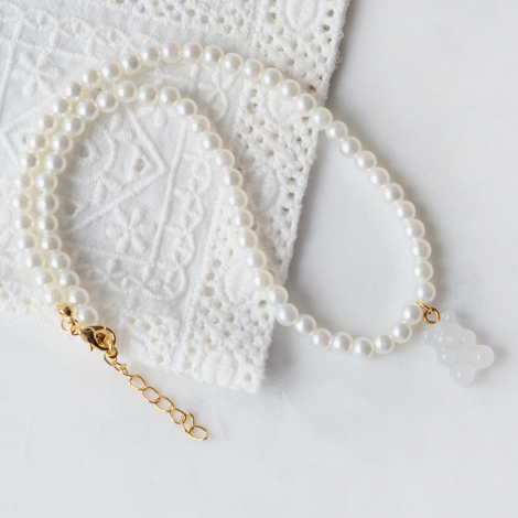 Beyaz jelibon ayıcıklı inci kolye (ayarlanabilir ve kaplama gold aparatlı) - Bimotif