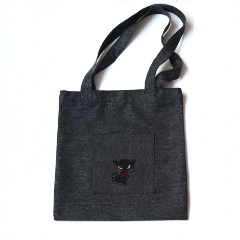 Black cat, siyah poly-keten kumaş çanta, 35x40 cm - Bimotif