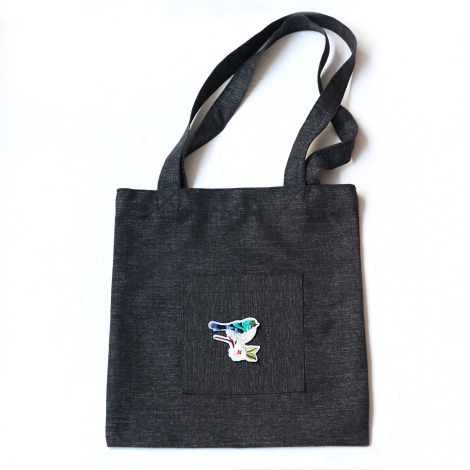 Blossom bird, siyah poly-keten kumaş çanta, 35x40 cm - Bimotif