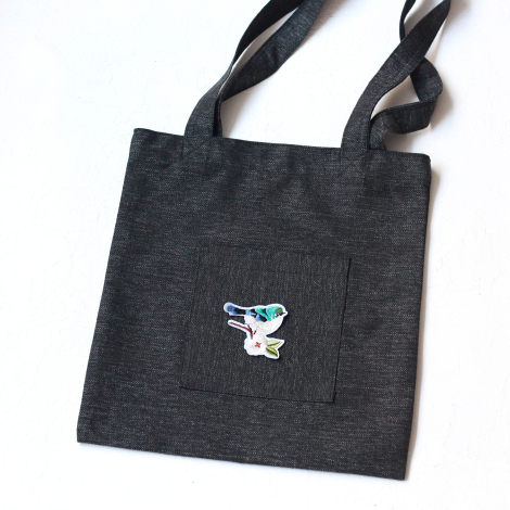 Blossom bird, siyah poly-keten kumaş çanta, 35x40 cm - Bimotif (1)