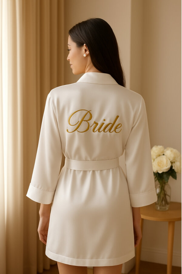 Bride Altın Nakışlı Sade ve Kuşaklı Gelin Sabahlığı - 1