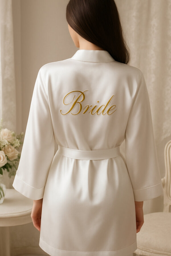 Bride Altın Nakışlı Sade ve Kuşaklı Gelin Sabahlığı - 3