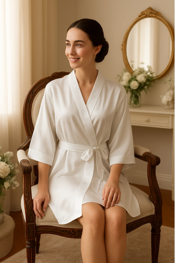 Bride Gümüş Nakışlı Sade ve Kuşaklı Gelin Sabahlığı - 2