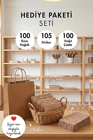 Çantalı Hediye Paketi Seti (100 adet Kağıt Çanta + 100 adet Kese Kağıdı + 105 adet Sticker) - Bimotif
