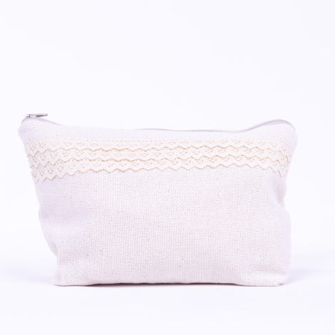 Cendere kumaştan dantel şerit detaylı krem makyaj çantası - Bimotif