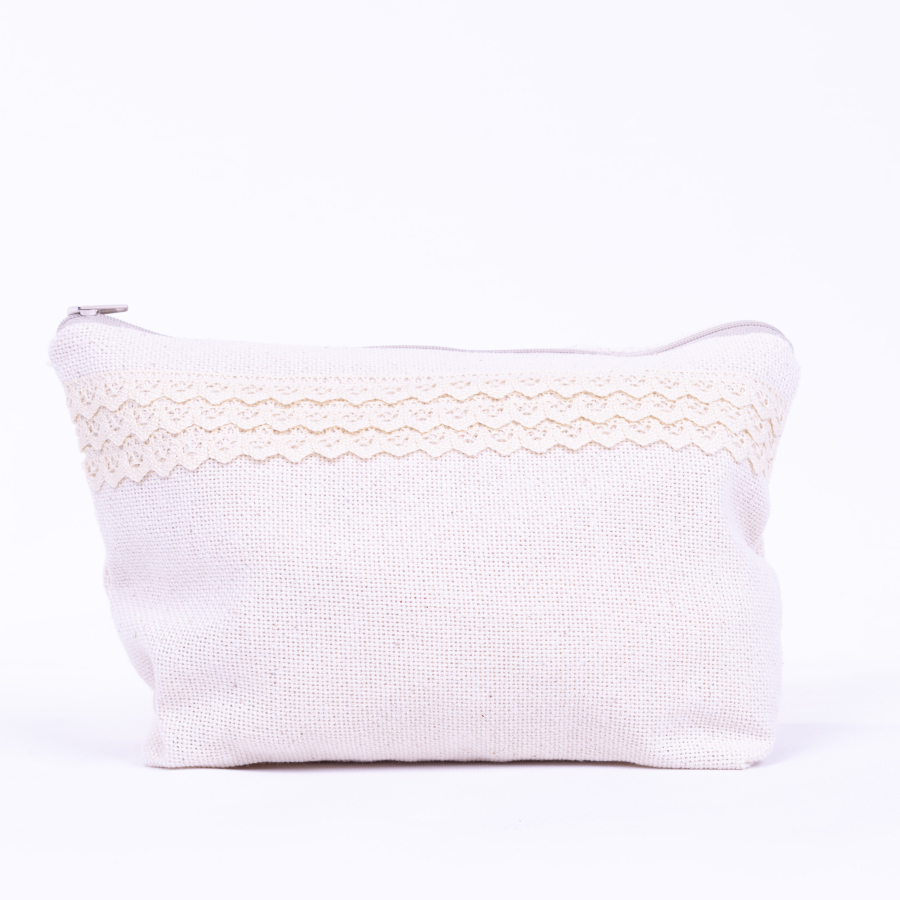 Cendere kumaştan dantel şerit detaylı krem makyaj çantası - 1