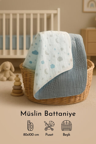 Çift Taraflı Erkek Bebek Battaniyesi, 80x100 cm, Müslin Organik Bebek Örtüsü ve Battaniyesi, Mavi - Bimotif