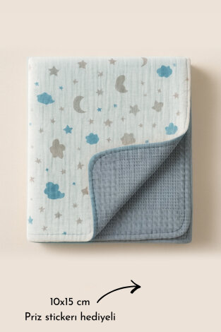 Çift Taraflı Erkek Bebek Battaniyesi, 80x100 cm, Müslin Organik Bebek Örtüsü ve Battaniyesi, Mavi - Bimotif (1)