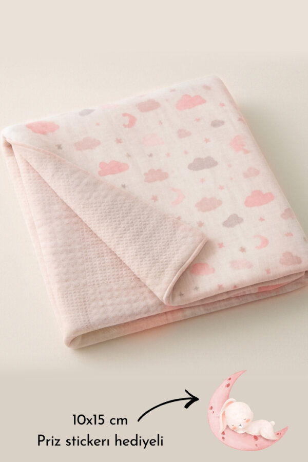 Çift Taraflı Kız Bebek Battaniyesi, 80x100 cm, Müslin Organik Bebek Örtüsü ve Battaniyesi, Pembe - 2