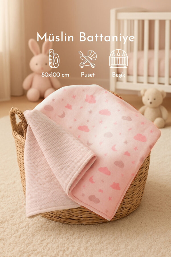 Çift Taraflı Kız Bebek Battaniyesi, 80x100 cm, Müslin Organik Bebek Örtüsü ve Battaniyesi, Pembe - 1