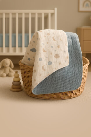 Çift Taraflı Müslin Bebek Battaniyesi, 80x100 Mavi (Çok amaçlı erkek bebek battaniyesi ve örtüsü) - Bimotif (1)