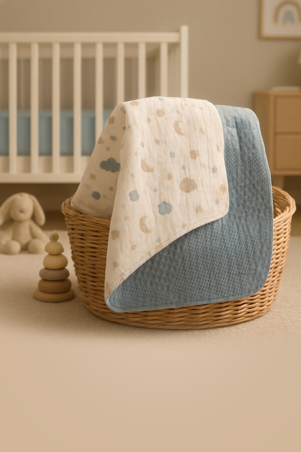 Çift Taraflı Müslin Bebek Battaniyesi, 80x100 Mavi (Çok amaçlı erkek bebek battaniyesi ve örtüsü) - 2