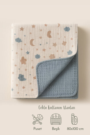 Çift Taraflı Müslin Bebek Battaniyesi, 80x100 Mavi (Çok amaçlı erkek bebek battaniyesi ve örtüsü) - Bimotif