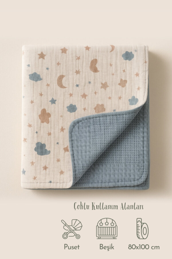 Çift Taraflı Müslin Bebek Battaniyesi, 80x100 Mavi (Çok amaçlı erkek bebek battaniyesi ve örtüsü) - 1