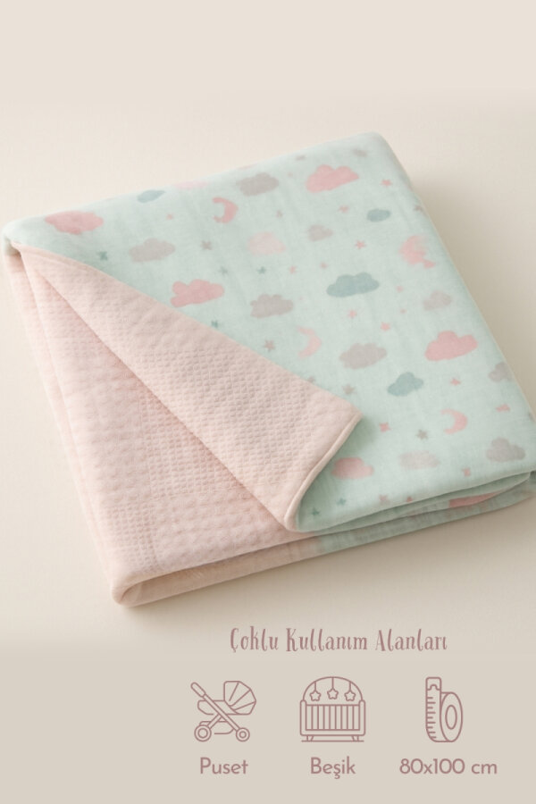 Çift Taraflı Müslin Bebek Battaniyesi, 80x100 Pembe (Çok amaçlı kız bebek battaniyesi ve örtüsü) - 1