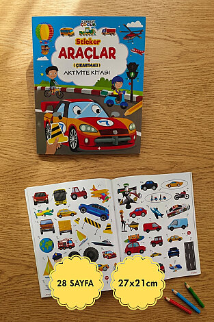 Çıkartmalı, Sticker Etkinlik ve Aktivite Kitabı, Araçlar (Toplam 28 Sayfa, 27x21cm) - Bimotif