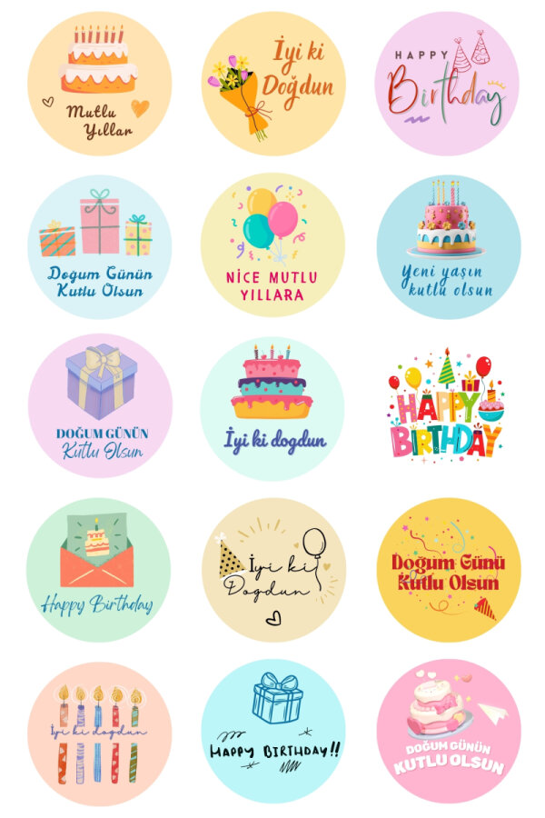 Doğum Günü tebrik sticker seti, 4x4 cm, 300 adet (20 Sayfa) - 1