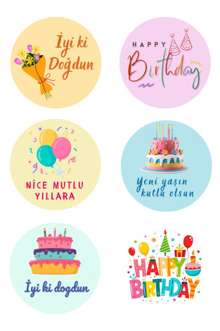 Doğum Günü tebrik sticker seti, 4x4 cm, 15 çeşit (1 Sayfa) - Bimotif (1)