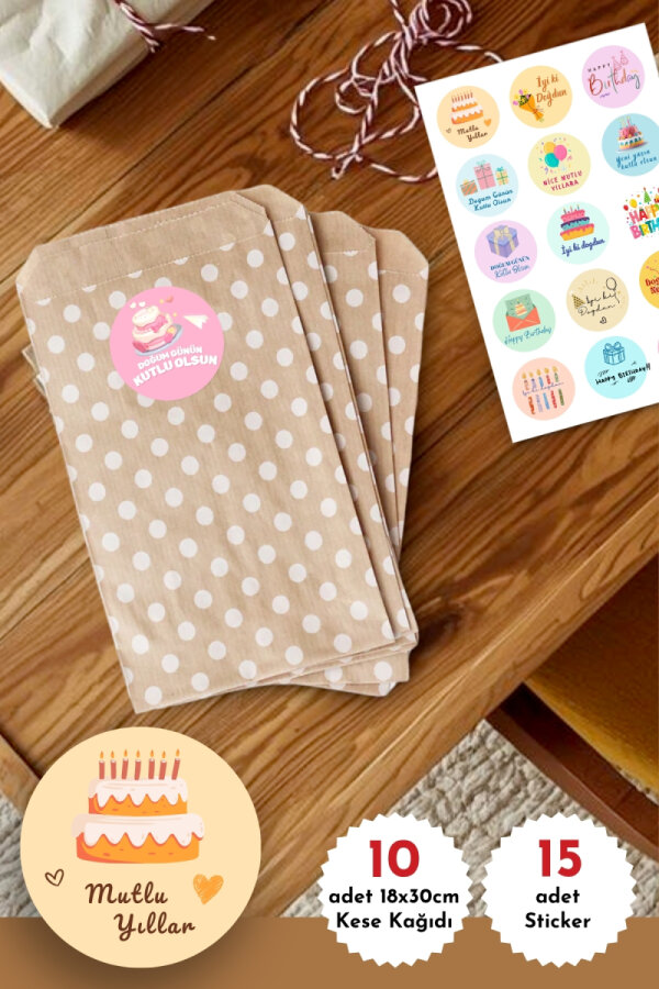 Doğum Günü'ne Özel Büyük Hediye Paketi Seti, 10 adet kese kağıdı (18x30 cm) ve 15 adet Sticker - 1