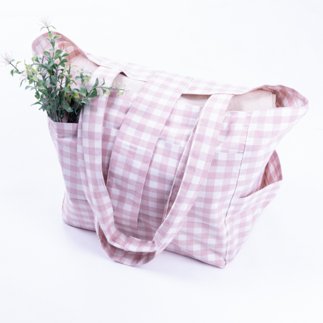 Dokuma pötikare kumaş, cırt kapaklı piknik çantası 35x51x22 cm / Pudra - Bimotif