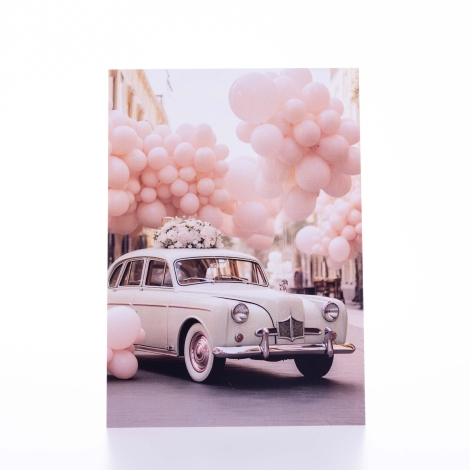 Düğün ve davet kartı, arkasına not yazılabilir, balonlar ve çiçek süslemeli araba, 12x17 / 100 adet - Bimotif