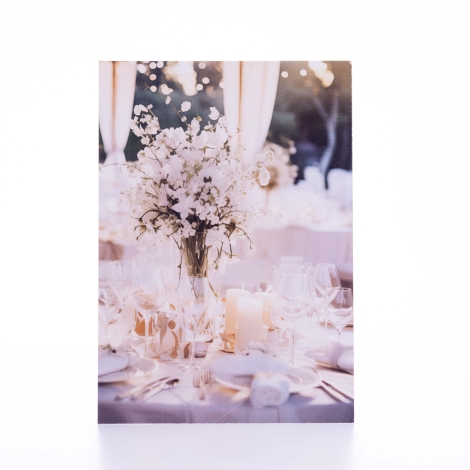 Düğün ve davet kartı, arkasına not yazılabilir, beyaz çiçekli masa, 12x17 / 100 adet - Bimotif