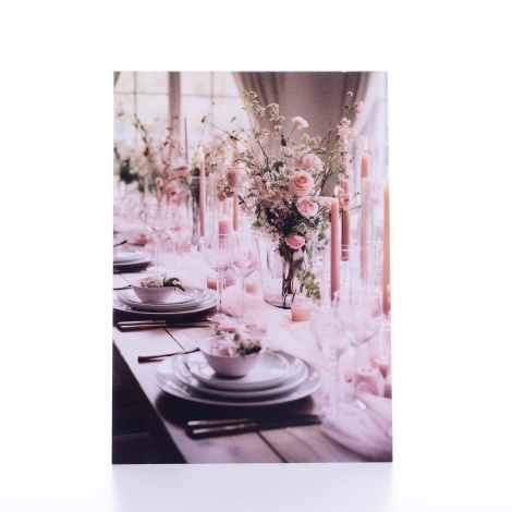 Düğün ve davet kartı, arkasına not yazılabilir, pembe mum ve çiçekli masa, 12x17 / 100 adet - Bimotif