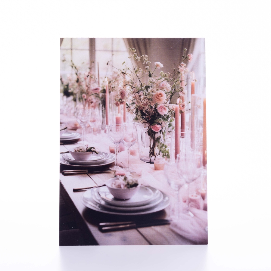 Düğün ve davet kartı, arkasına not yazılabilir, pembe mum ve çiçekli masa, 12x17 cm / 25 adet - 1