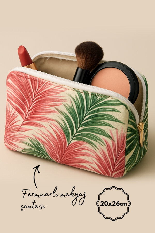 Fermuarlı Desenli Kumaş Makyaj Çantası, Organizer, Büyük Boy Makyaj Çantası 20x26 cm Kırmızı-Yeşil - 1