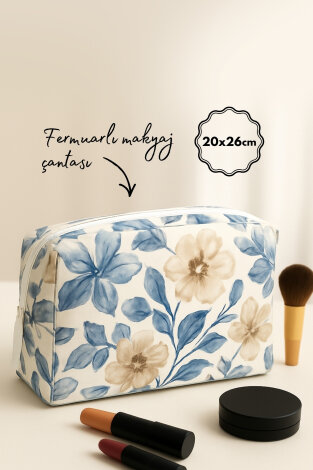 Fermuarlı Desenli Kumaş Makyaj Çantası, Organizer, Büyük Boy Makyaj Çantası 20x26 cm Lacivert-Beyaz - Bimotif