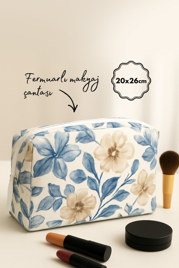 Fermuarlı Desenli Kumaş Makyaj Çantası, Organizer, Büyük Boy Makyaj Çantası 20x26 cm Lacivert-Beyaz - 1