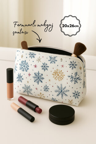 Fermuarlı Desenli Kumaş Makyaj Çantası, Organizer, Büyük Boy Makyaj Çantası, 20x26 cm, Mavi-Beyaz - Bimotif