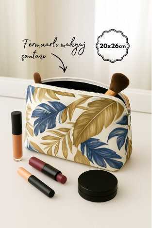 Fermuarlı Desenli Kumaş Makyaj Çantası, Organizer, Büyük Boy Makyaj Çantası, 20x26 cm, Mavi-Vizon - Bimotif