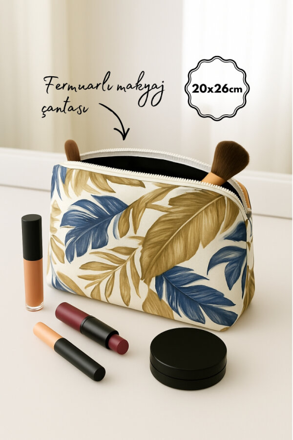Fermuarlı Desenli Kumaş Makyaj Çantası, Organizer, Büyük Boy Makyaj Çantası, 20x26 cm, Mavi-Vizon - 1