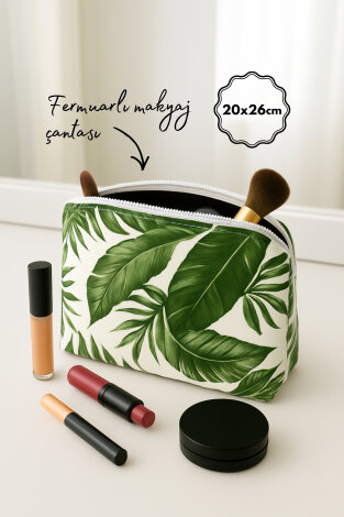 Fermuarlı Desenli Kumaş Makyaj Çantası, Organizer, Büyük Boy Makyaj Çantası, 20x26 cm Yeşil-Beyaz - Bimotif