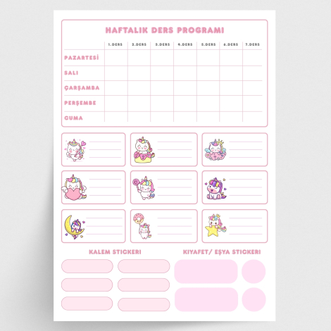 Figürlü isimlik, ders programı, kalem ve eşya sticker seti, pembe / 1 sayfa - Bimotif