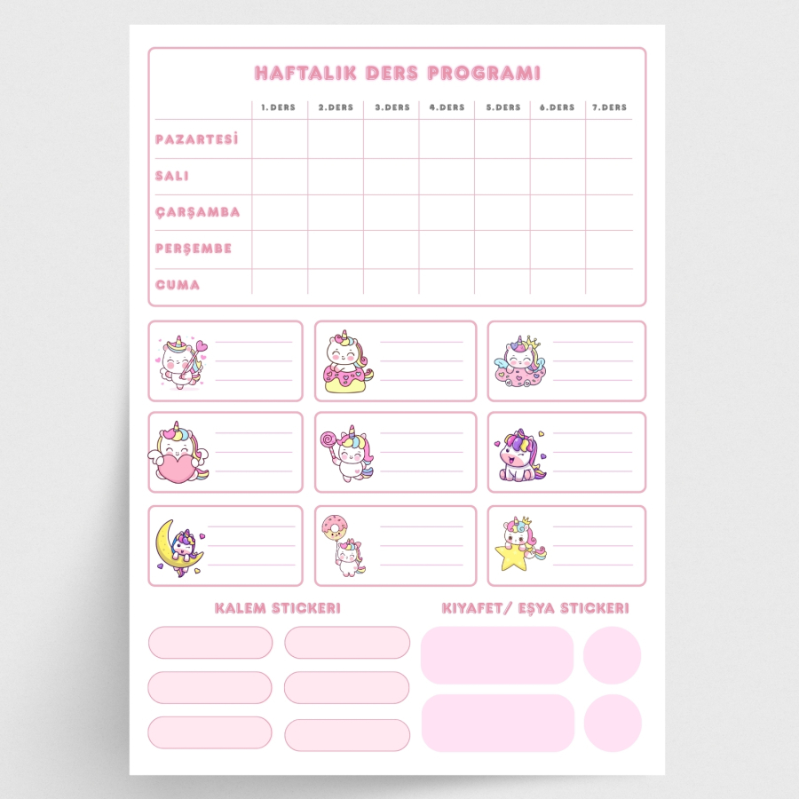 Figürlü isimlik, ders programı, kalem ve eşya sticker seti, pembe / 1 sayfa - 1