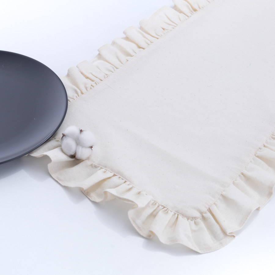 Fırfırlı keten görünümlü krem hambez runner / 40x110 cm - 1