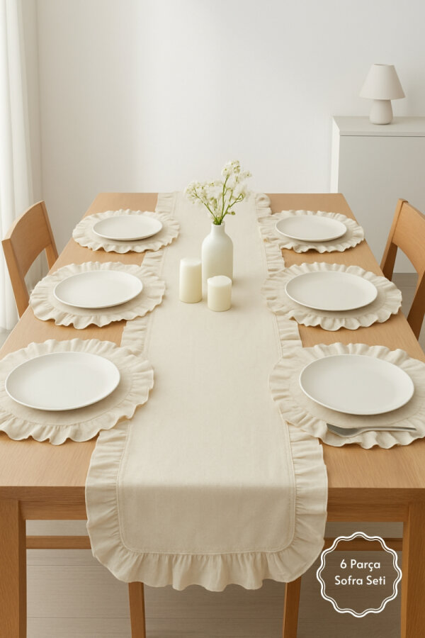 Fırfırlı Runner (110x45 cm) ve 6 adet Fıfırlı Supla (40cm) Sofra Seti, 7 Parça Sofra Sunum Seti - 1